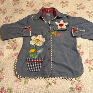 Vintage Catherine Carr Floral Button Up Large Lapel Shirt Size M/L